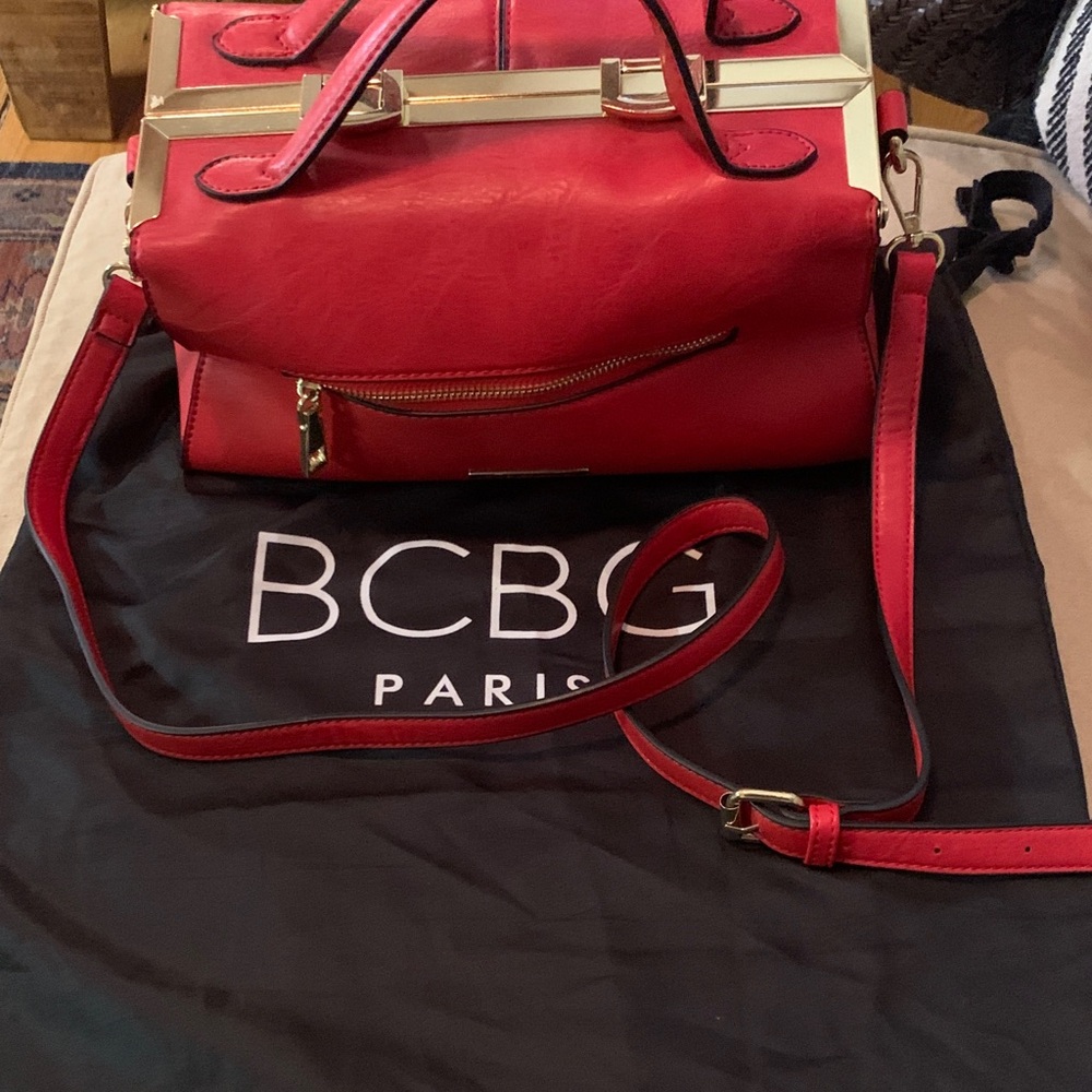 BCBG Paris Red Leather Satchel with Gold Hardware and Removable Strap